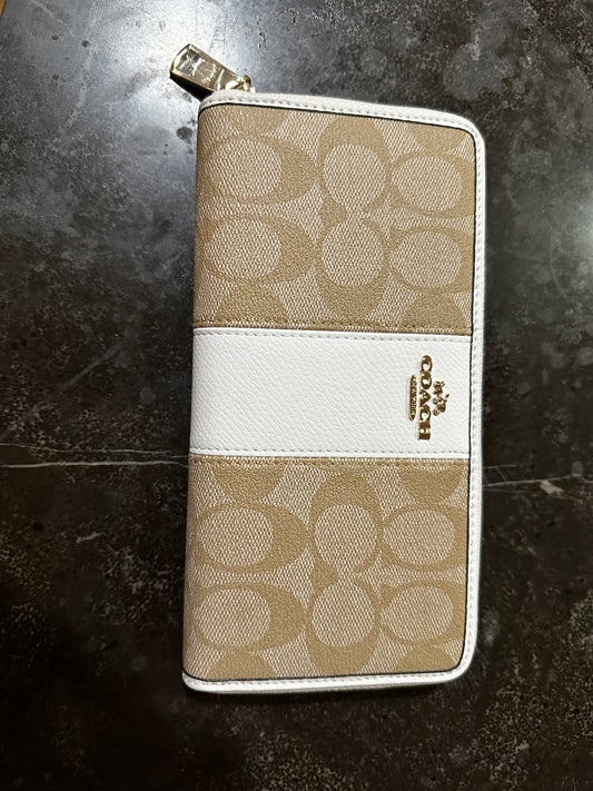 COACH Beige White Line Signature Logo Long Wallet Round Zip Rare New