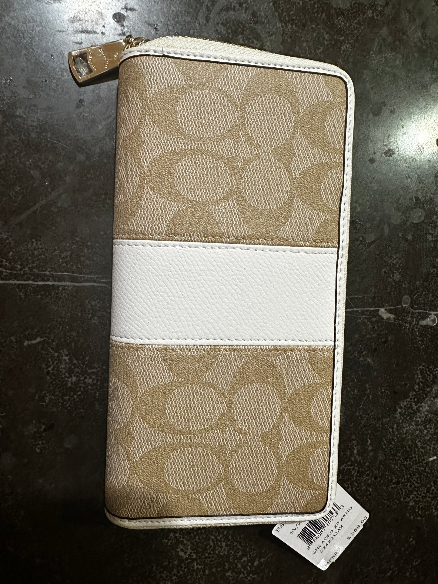 COACH Beige White Line Signature Logo Long Wallet Round Zip Rare New