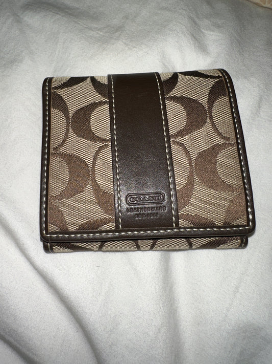 COACH Signature Small Bifold Wallet Canvas Leathe Brow Authentic #M012