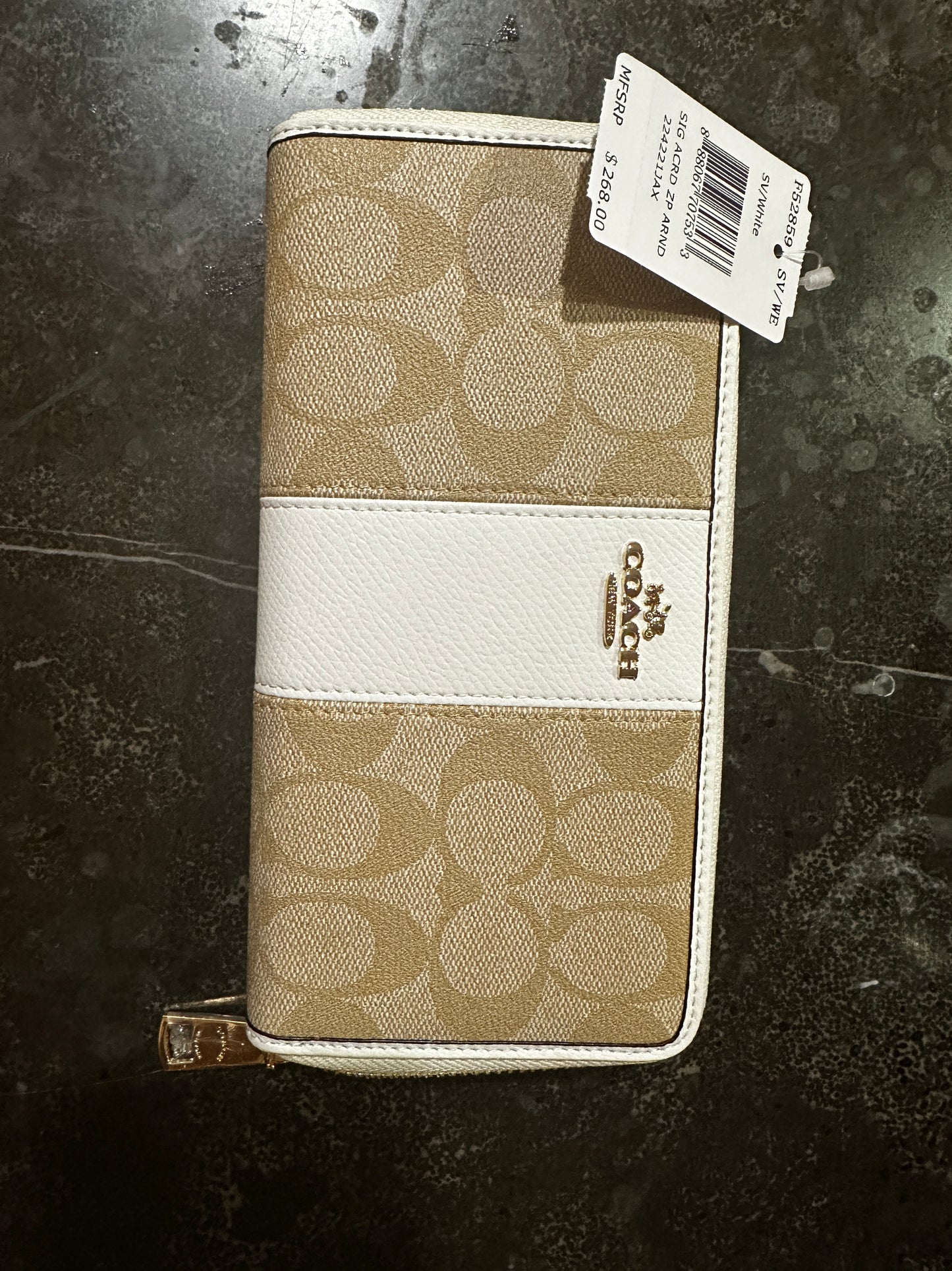 COACH Beige White Line Signature Logo Long Wallet Round Zip Rare New